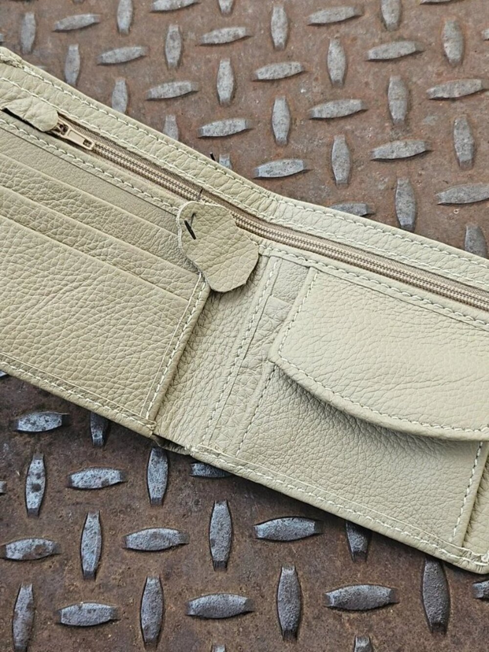 Handmade Billfold Wallet Beige Genuine Leather Bifold Card Holder Purse New - Picture 8 of 12